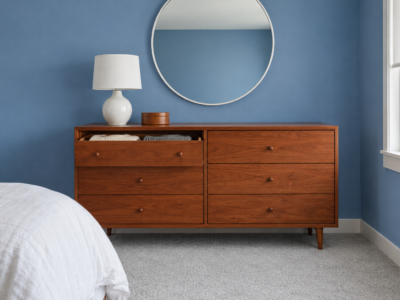 A long cherry wood dresser with six drawers against a cornflower blue bedroom wall, under a round mirror.