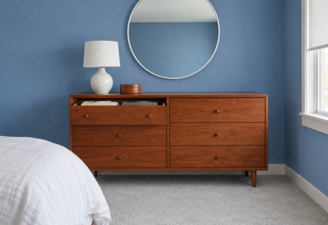 A long cherry wood dresser with six drawers against a cornflower blue bedroom wall, under a round mirror.