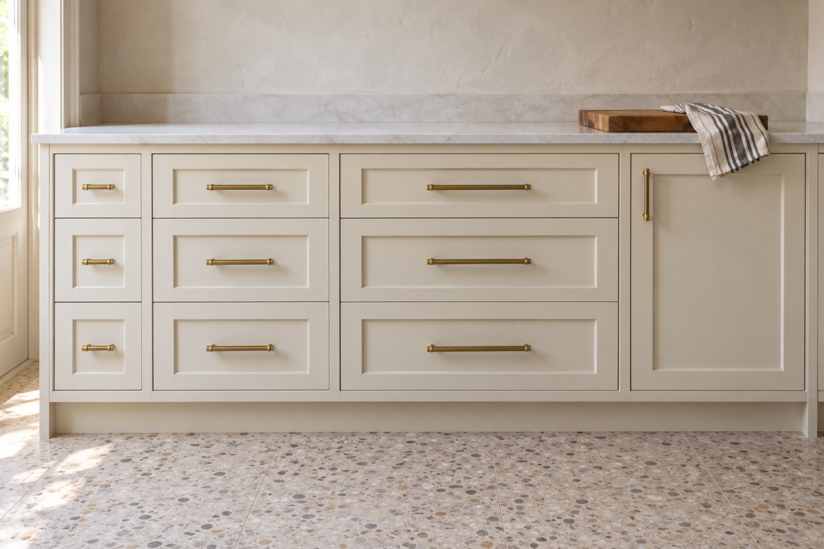 Cream Shaker kitchen drawers in three widths, each with a brass bar pull about a third as long as the drawer is wide.