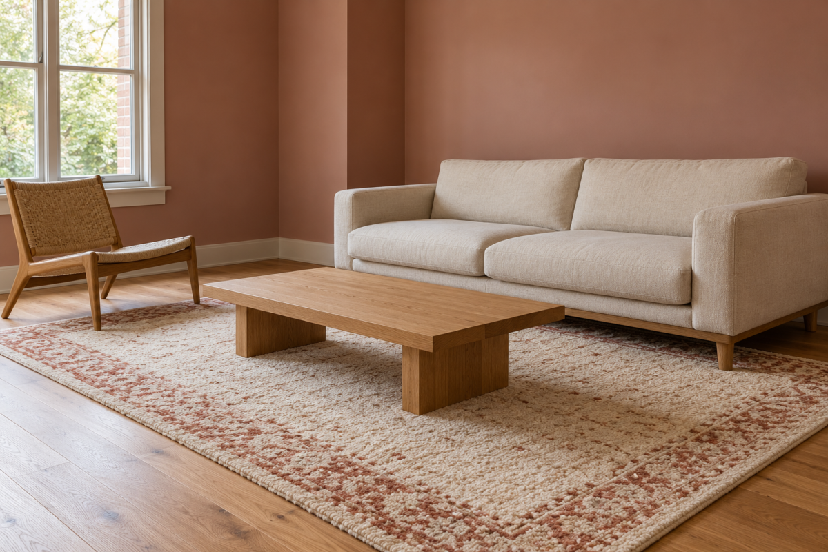 A cream wool rug with a faded terracotta pattern under a cream sofa and an oak coffee table, in a living room with dusty rose walls.