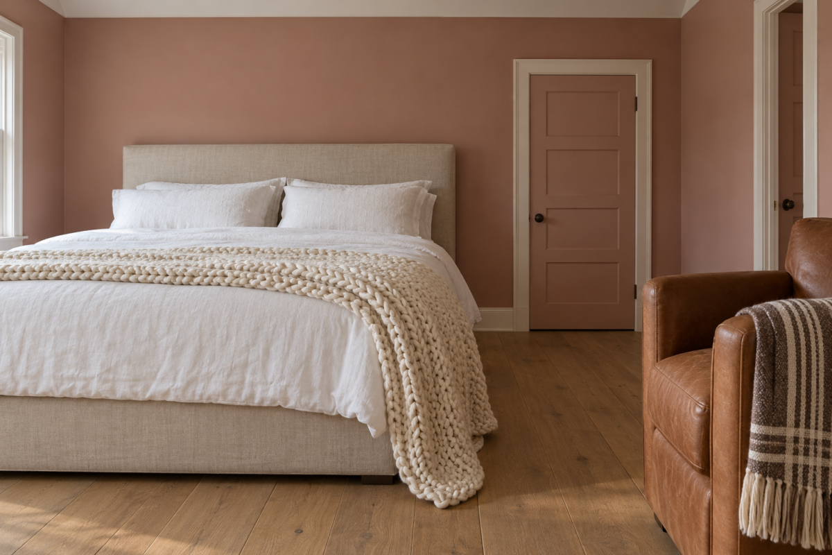 A chunky ivory knit throw folded across a bed and a striped throw over a leather armchair in a dusty rose bedroom.
