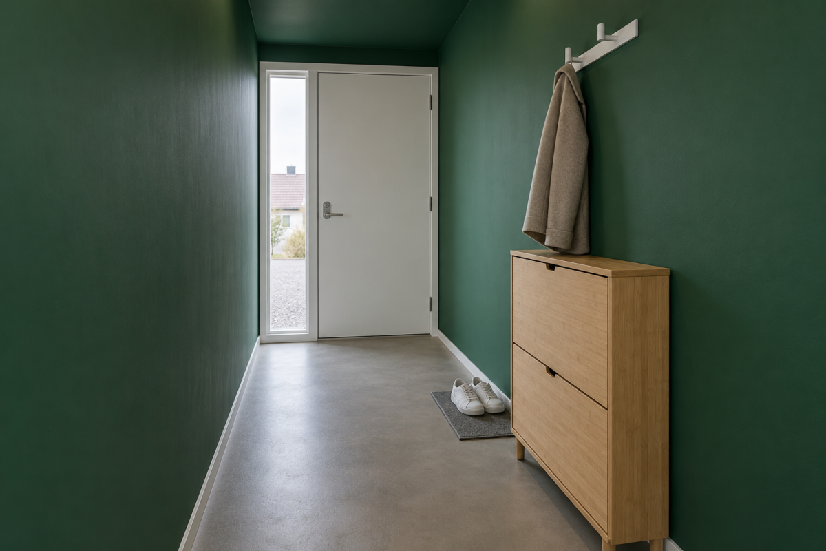 A slim bamboo shoe cabinet along the wall of a narrow emerald green entryway, with a clear path to the front door.