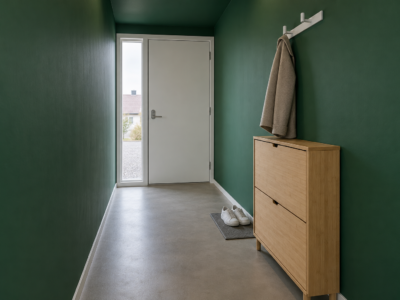 A slim bamboo shoe cabinet along the wall of a narrow emerald green entryway, with a clear path to the front door.