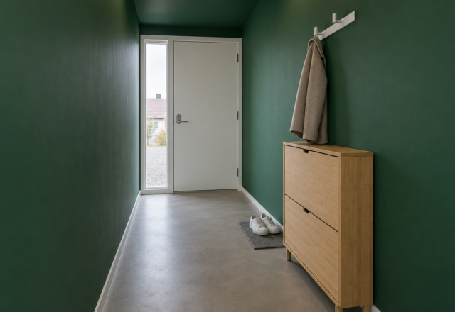 A slim bamboo shoe cabinet along the wall of a narrow emerald green entryway, with a clear path to the front door.