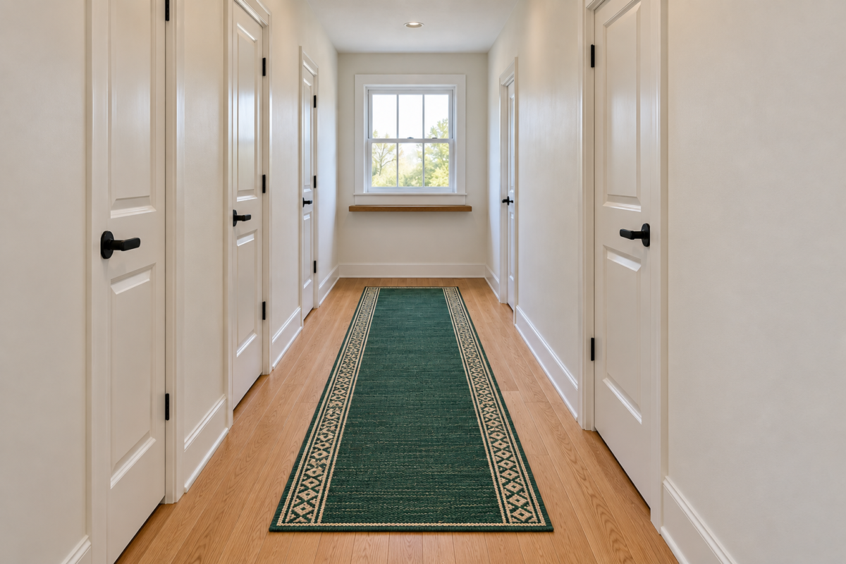 An emerald green runner with a cream border centered in a white hallway, with oak floor showing along both sides and at the far end.