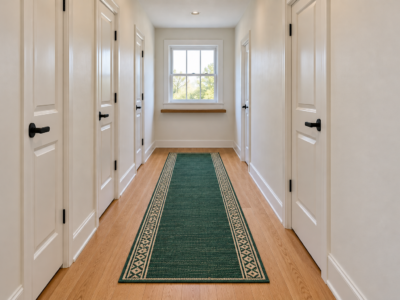 An emerald green runner with a cream border centered in a white hallway, with oak floor showing along both sides and at the far end.