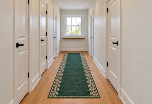 An emerald green runner with a cream border centered in a white hallway, with oak floor showing along both sides and at the far end.