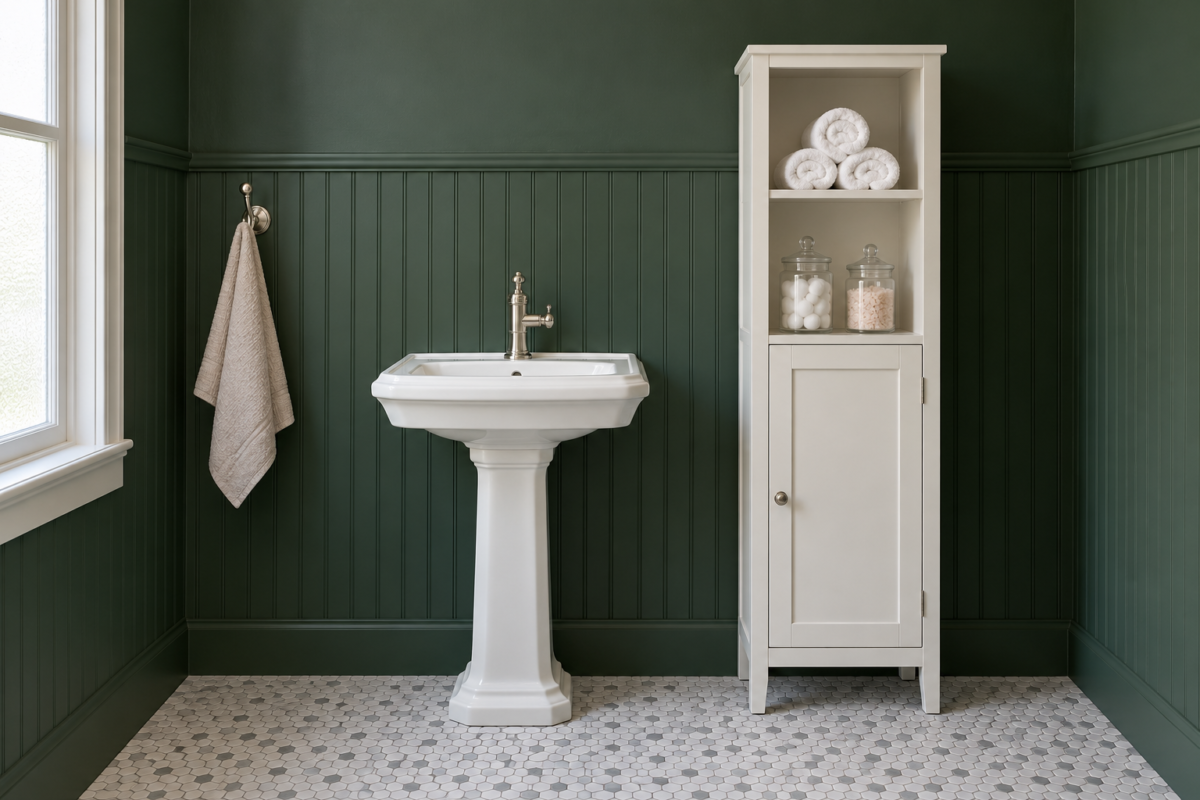 A tall white bathroom cabinet with rolled towels on its open shelves beside a pedestal sink in a forest green bathroom.