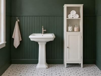 A tall white bathroom cabinet with rolled towels on its open shelves beside a pedestal sink in a forest green bathroom.
