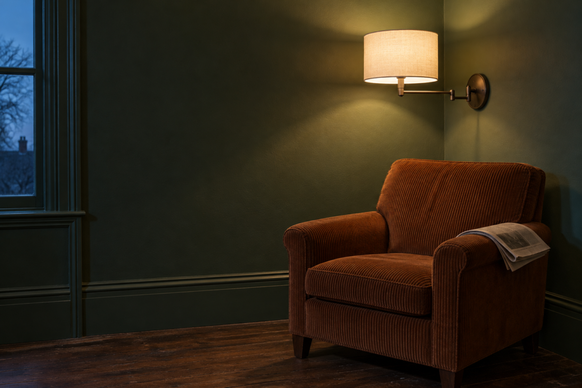 A lit swing-arm wall sconce with a linen shade on a forest green wall, beside a rust-brown corduroy armchair at dusk.
