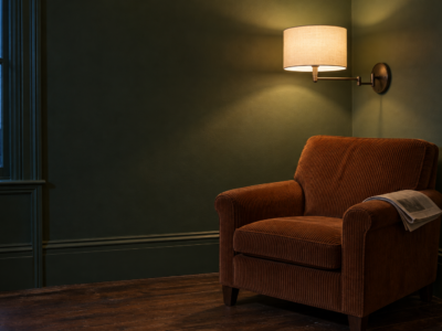 A lit swing-arm wall sconce with a linen shade on a forest green wall, beside a rust-brown corduroy armchair at dusk.