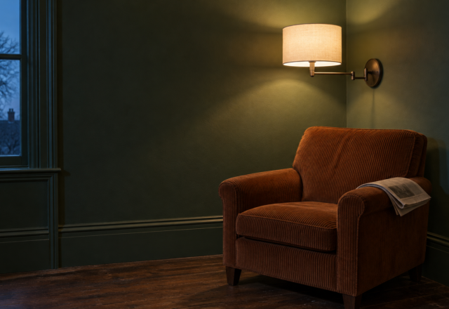 A lit swing-arm wall sconce with a linen shade on a forest green wall, beside a rust-brown corduroy armchair at dusk.