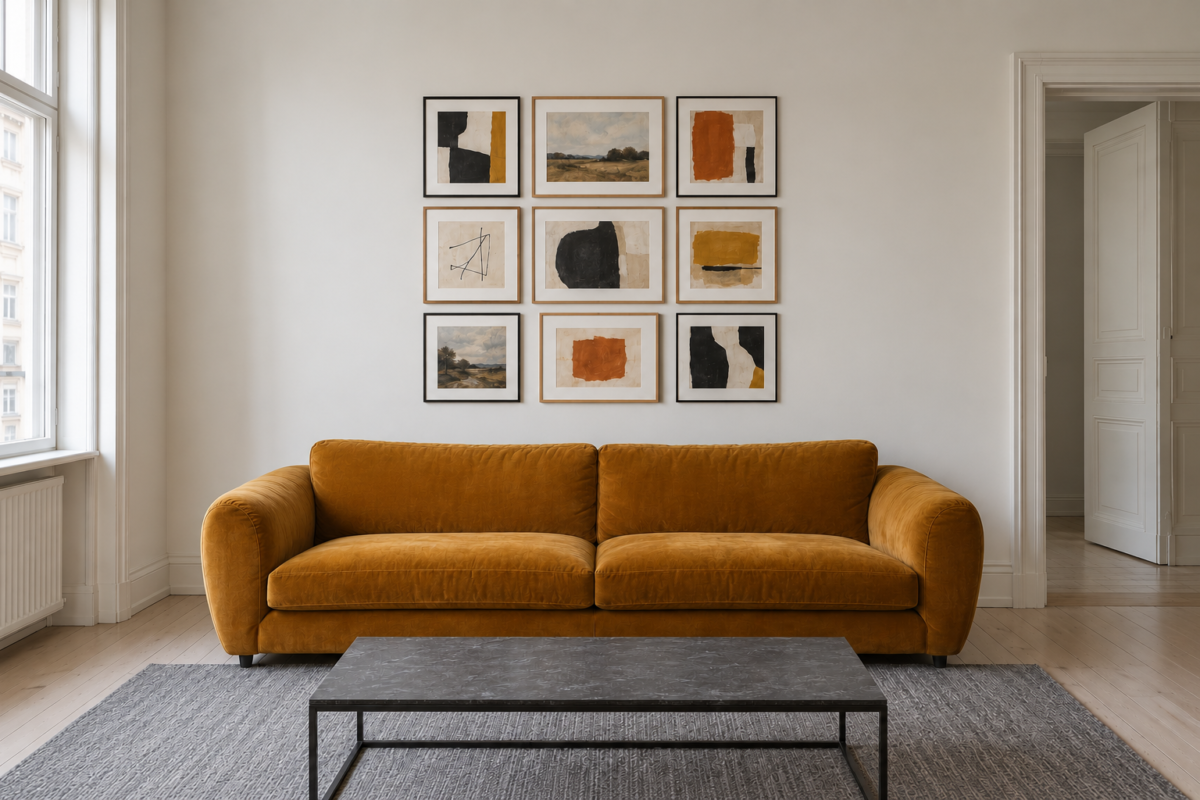 Nine framed pieces in black and oak frames arranged as one rectangle above an ochre velvet sofa.
