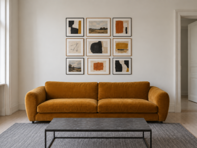 Nine framed pieces in black and oak frames arranged as one rectangle above an ochre velvet sofa.