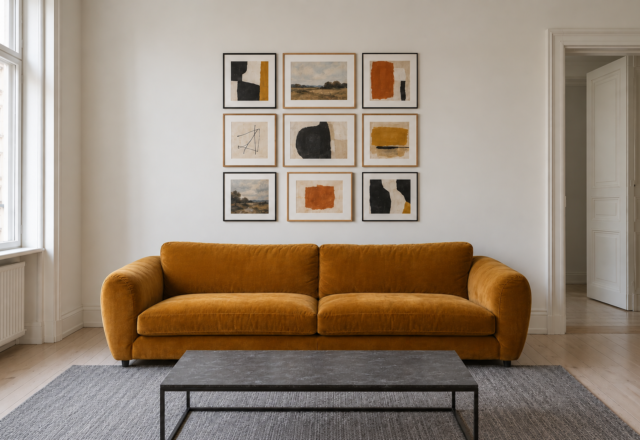 Nine framed pieces in black and oak frames arranged as one rectangle above an ochre velvet sofa.