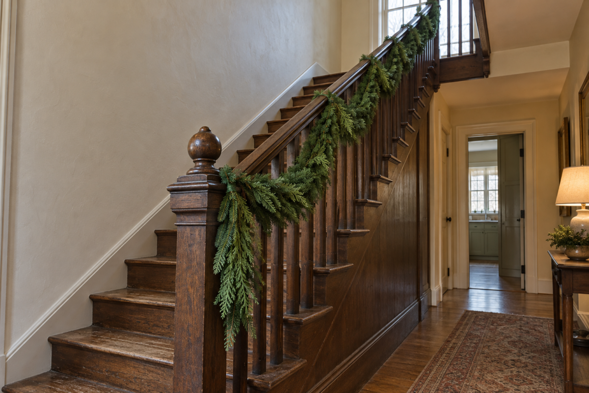 Fresh fir and cedar garland tied along the dark oak banister of a staircase and hanging down at the newel post, with cream plaster walls.