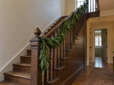 Fresh fir and cedar garland tied along the dark oak banister of a staircase and hanging down at the newel post, with cream plaster walls.