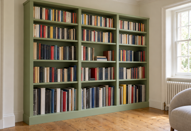 A tall bookcase painted pistachio green and filled with books, with taller shelf openings at the bottom than at the top.