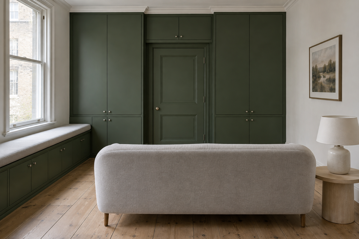 A small living room with forest green cabinets built around the door and along the window wall.