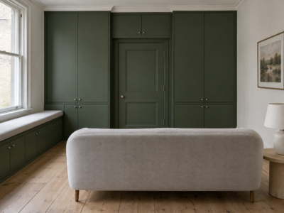 A small living room with forest green cabinets built around the door and along the window wall.