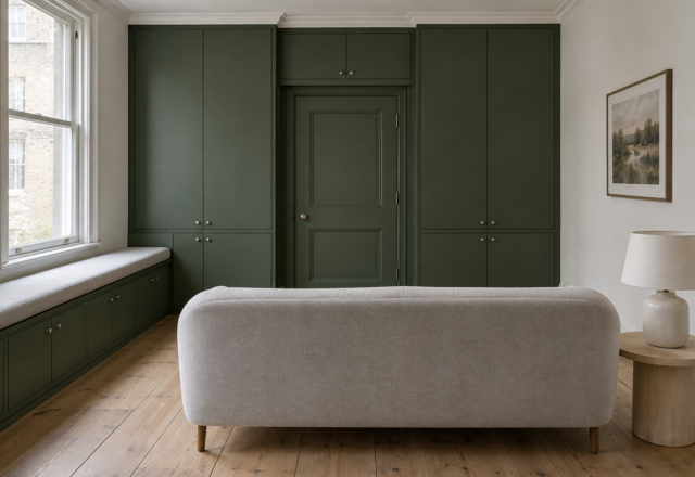 A small living room with forest green cabinets built around the door and along the window wall.