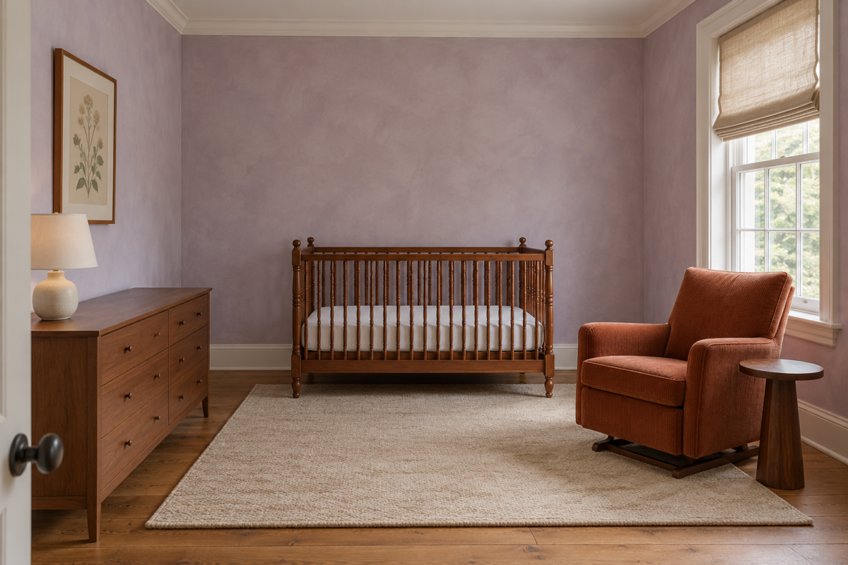 A nursery with lilac limewashed walls, a bare cherry spindle crib with a white fitted sheet, a rust corduroy glider, and a linen shade on the window across the room.