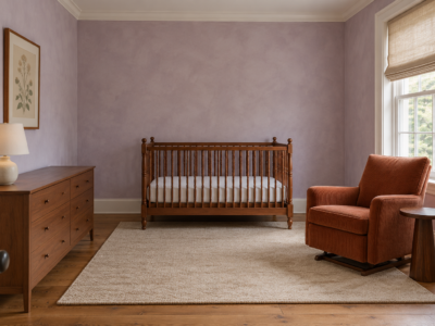 A nursery with lilac limewashed walls, a bare cherry spindle crib with a white fitted sheet, a rust corduroy glider, and a linen shade on the window across the room.