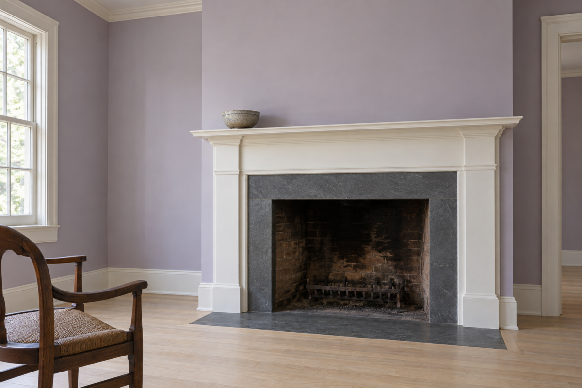 A fireplace with dark soapstone around the opening and a white wood mantel, in a room with lilac walls.
