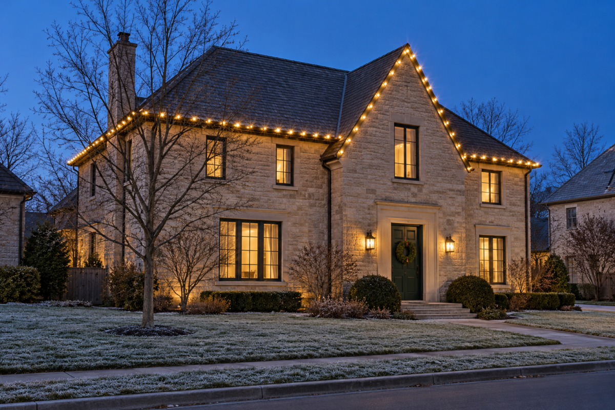 A buff limestone house with a slate roof at dusk, outlined with warm white Christmas bulbs along the eaves and up both sloped edges of its front gable.