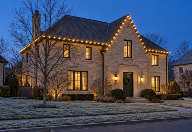 A buff limestone house with a slate roof at dusk, outlined with warm white Christmas bulbs along the eaves and up both sloped edges of its front gable.