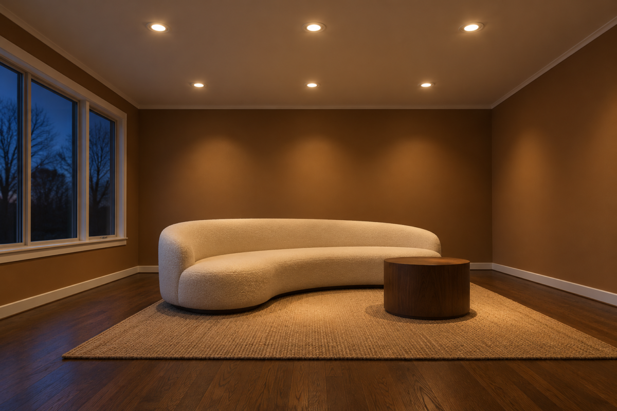 A living room with caramel brown walls in the evening, lit by six small recessed lights in two rows in a white ceiling.
