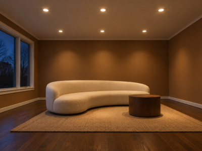 A living room with caramel brown walls in the evening, lit by six small recessed lights in two rows in a white ceiling.