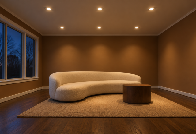 A living room with caramel brown walls in the evening, lit by six small recessed lights in two rows in a white ceiling.