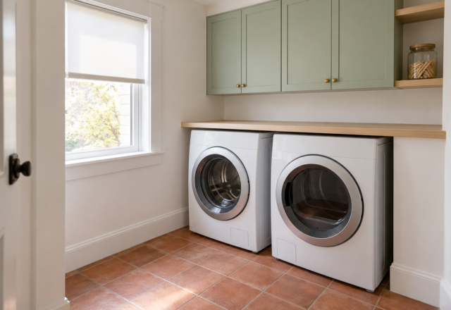 A laundry room with a white front-loading washer and dryer side by side under a pale ash counter, mint green cabinets above, and a terracotta tile floor with clear space in front.