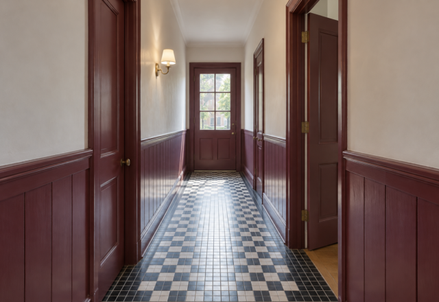 A narrow hallway with mulberry painted paneling below cream walls, a black and white mosaic tile floor, and a glazed door letting in daylight at the far end.