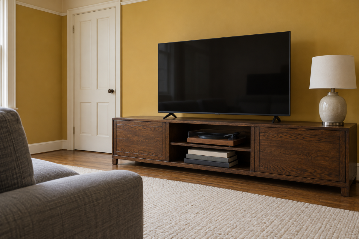A long dark oak media console with a television on it against a mustard yellow wall, with books and a turntable on its open shelf.