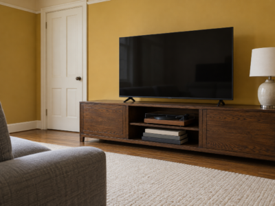 A long dark oak media console with a television on it against a mustard yellow wall, with books and a turntable on its open shelf.
