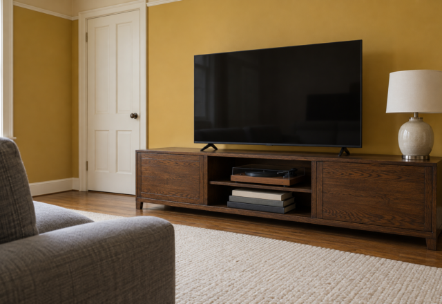 A long dark oak media console with a television on it against a mustard yellow wall, with books and a turntable on its open shelf.