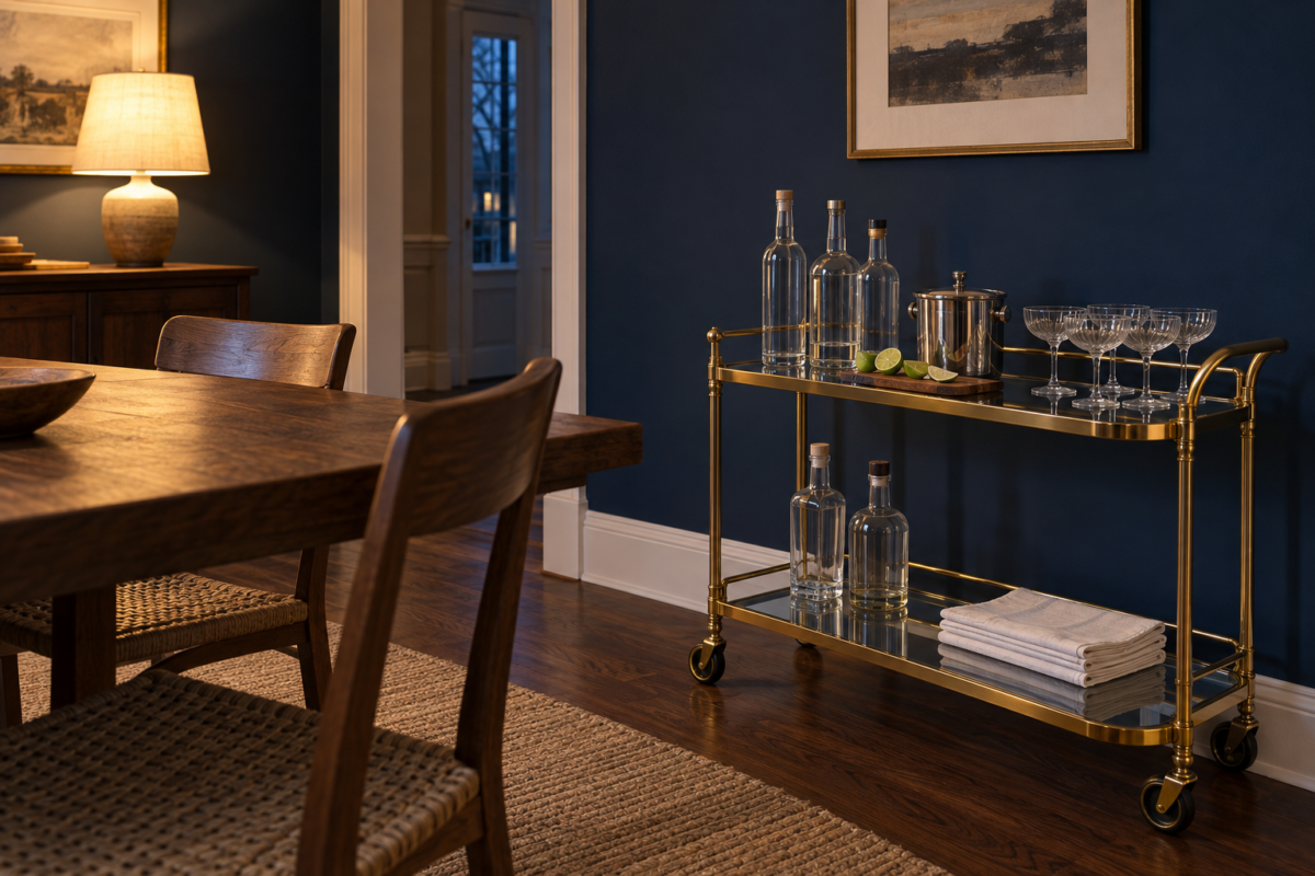 A brass bar cart with glass shelves holding bottles, coupe glasses, and an ice bucket beside a dining table in a navy blue dining room.