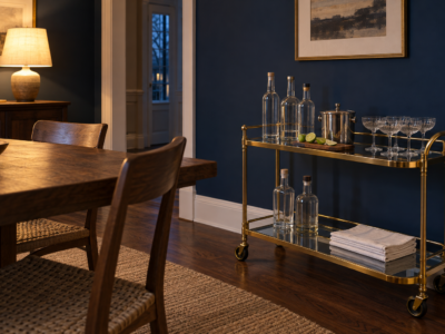 A brass bar cart with glass shelves holding bottles, coupe glasses, and an ice bucket beside a dining table in a navy blue dining room.