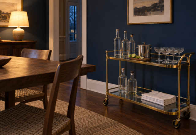 A brass bar cart with glass shelves holding bottles, coupe glasses, and an ice bucket beside a dining table in a navy blue dining room.