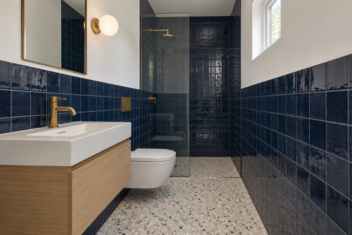A small bathroom with navy tile to shoulder height, a toilet hung on the wall, a floating oak vanity, and a glass shower at the far end.