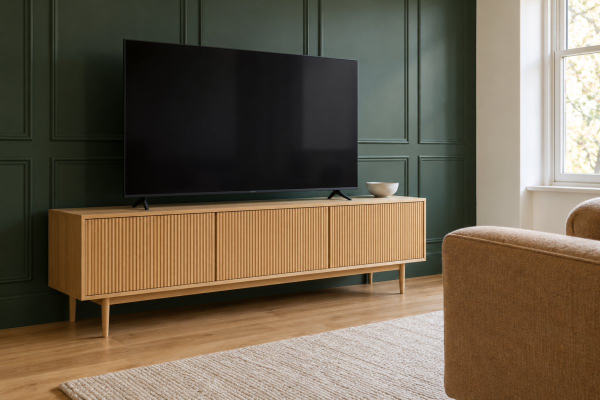 A dark 65 inch TV on a low white oak media console with fluted doors, the console wider than the screen, against a forest green panelled wall.