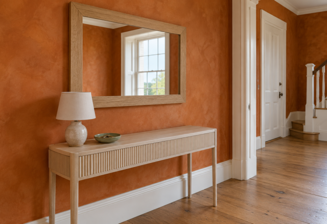 A rectangular oak-framed mirror above a fluted pale ash console in a hall with burnt orange limewashed walls, reflecting a bright window across the hall.