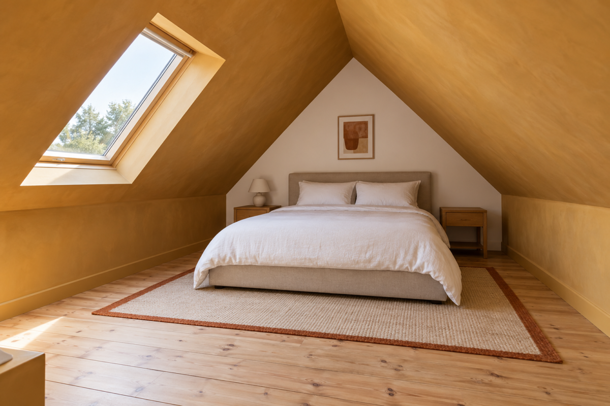 An attic bedroom with ochre painted sloping ceilings and low knee walls, a bed centered under the ridge with its head against a white gable wall, a roof window, and wide pine floorboards.