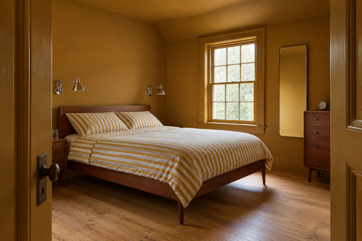 A small bedroom with walls, trim, door, and ceiling painted one deep ochre, and a cherry bed on slim legs.