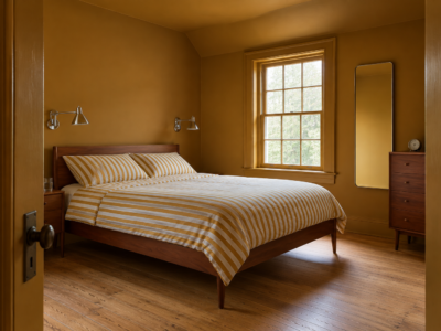 A small bedroom with walls, trim, door, and ceiling painted one deep ochre, and a cherry bed on slim legs.