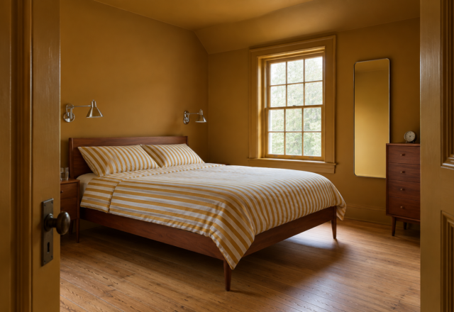 A small bedroom with walls, trim, door, and ceiling painted one deep ochre, and a cherry bed on slim legs.