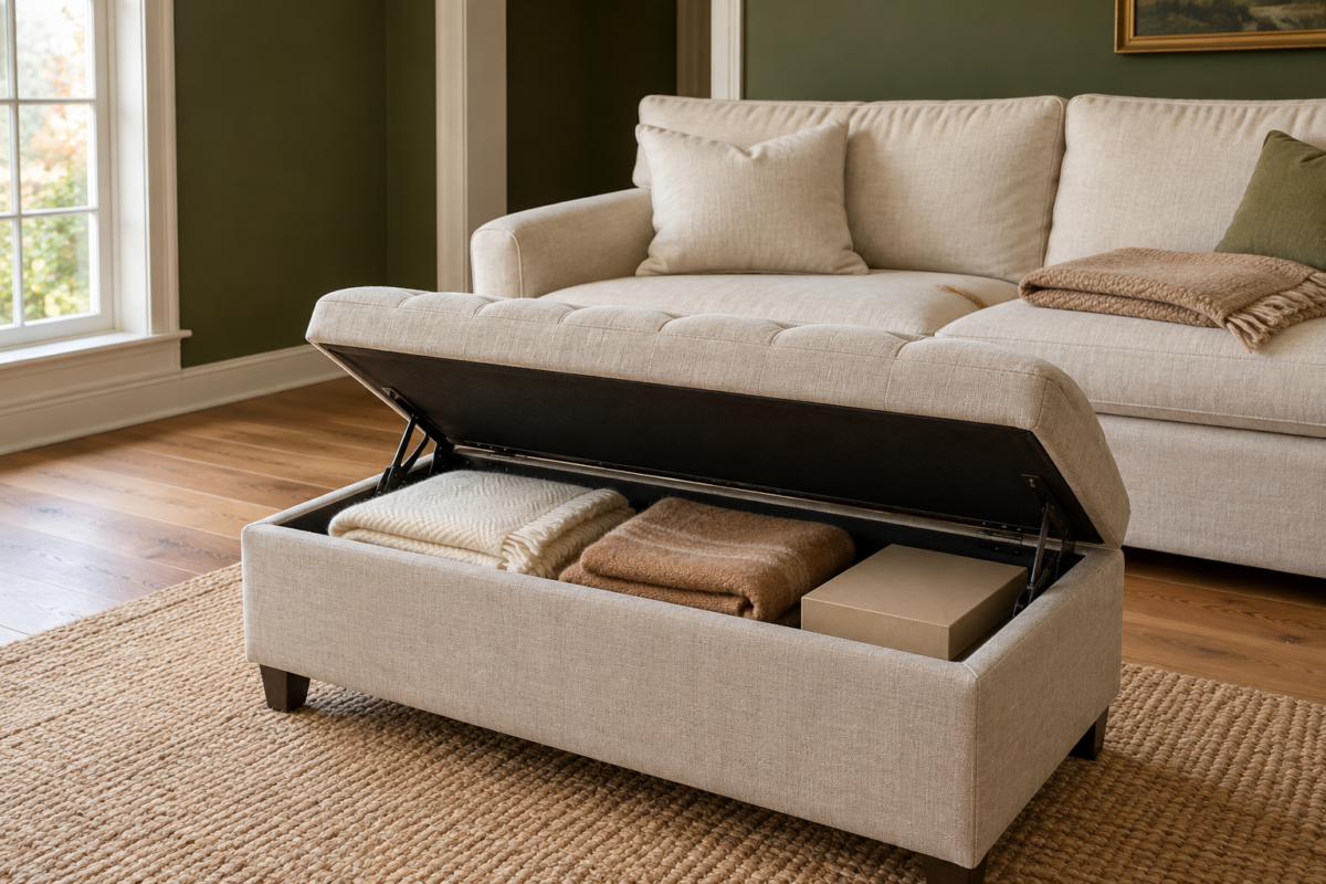 A linen storage ottoman with its lid open to show folded blankets, in front of a cream sofa in an olive green living room.