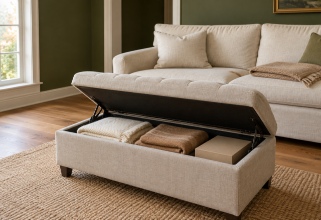A linen storage ottoman with its lid open to show folded blankets, in front of a cream sofa in an olive green living room.
